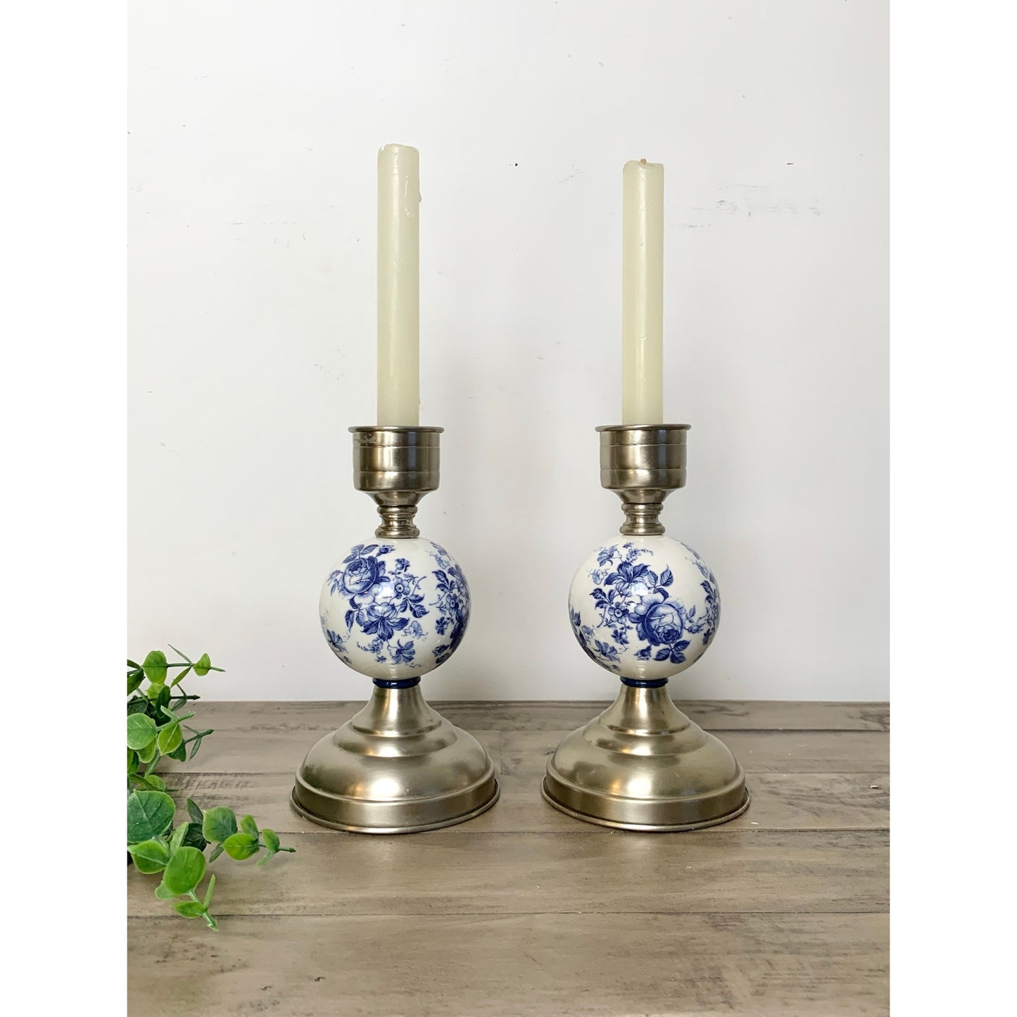 Vintage Blue & White Floral Porcelain and Pewter Candlestick Holders Set of 2