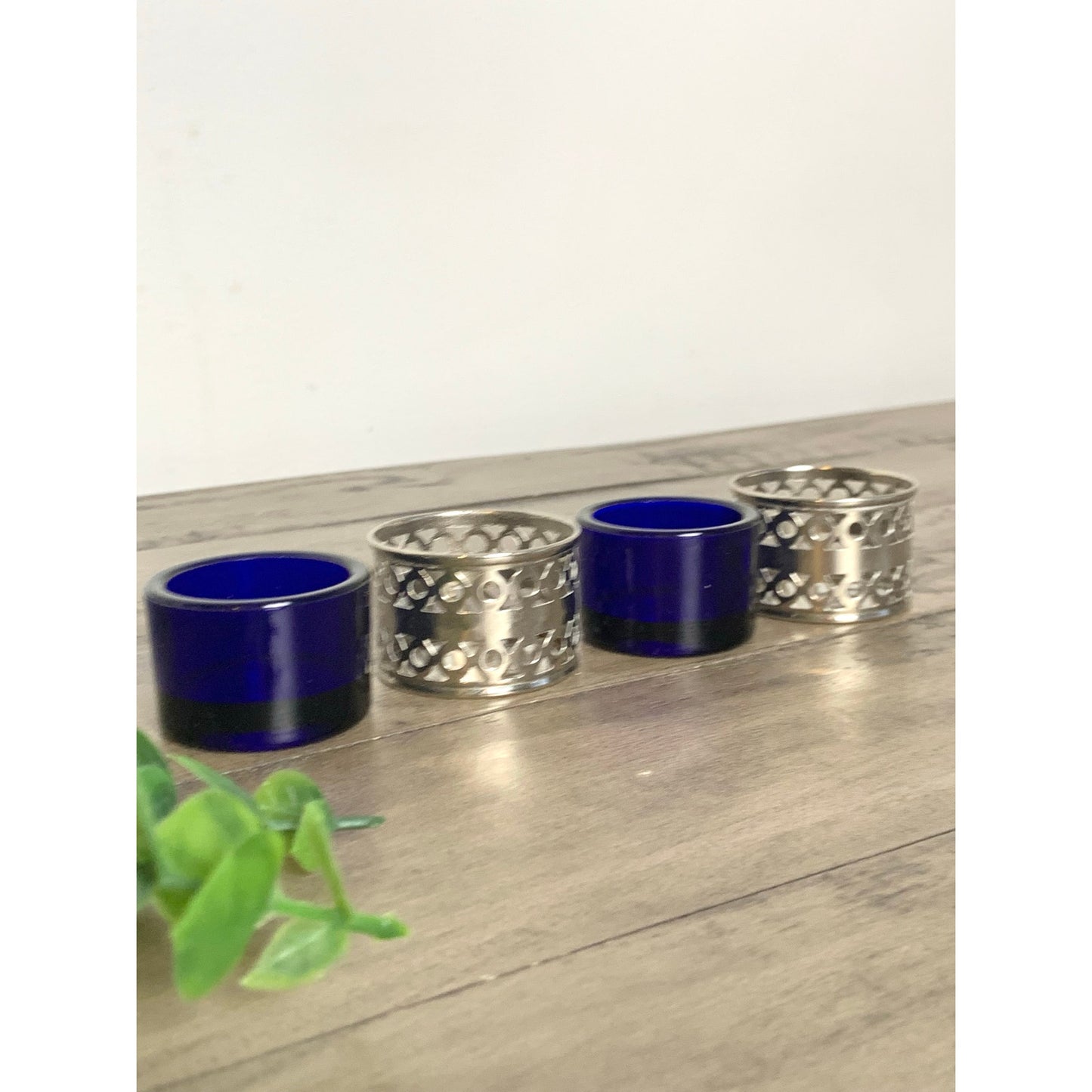 Vintage Silver EPNS Cobalt Blue Glass Salt Cellars Pair Ornate Made in England