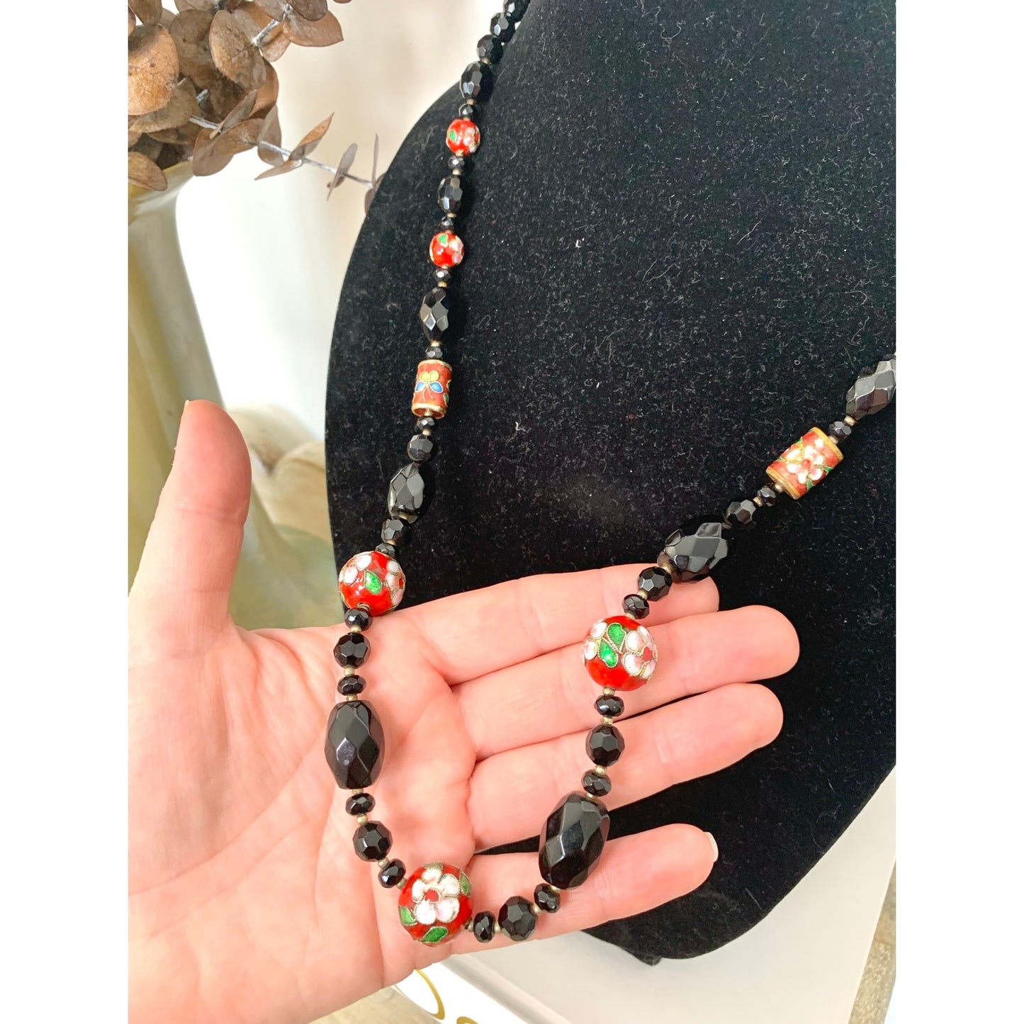 Vintage Cloisonne Beaded Necklace Black Faceted Glass Floral Red Enamel Statement