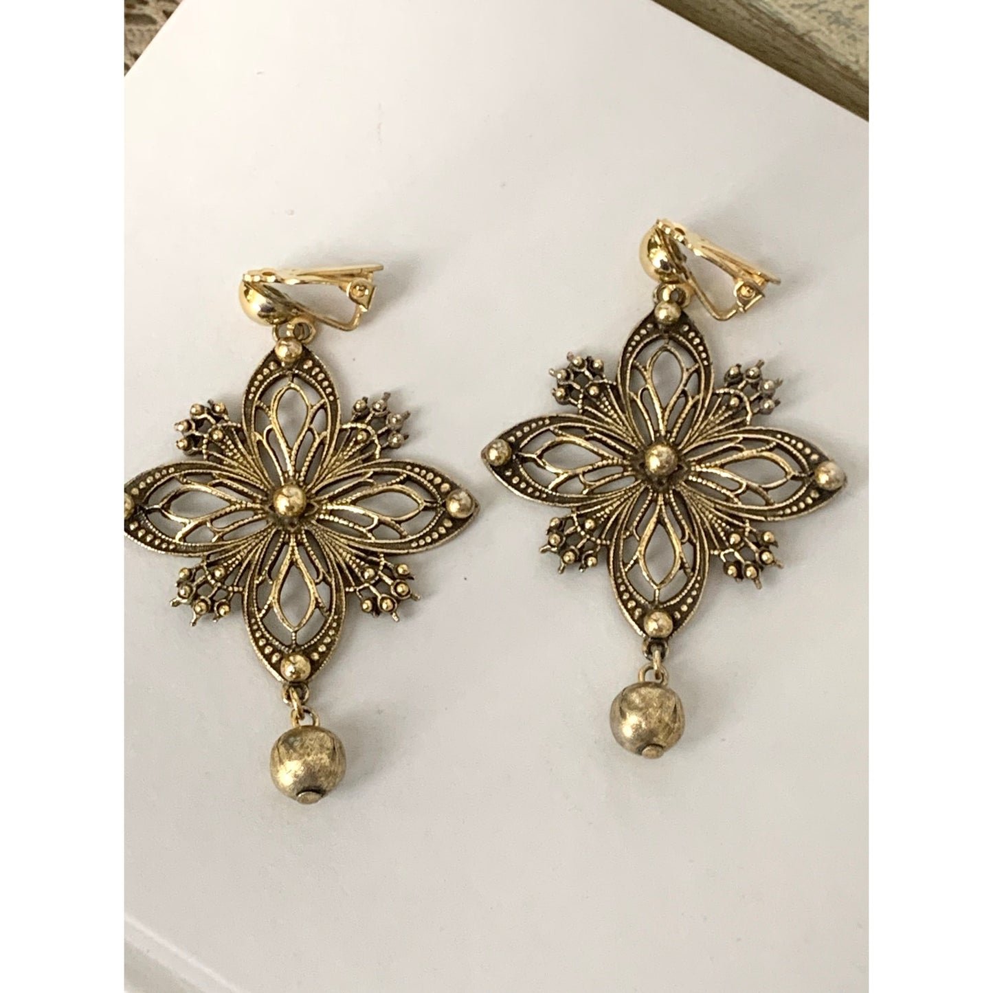 Vintage Gold Tone Clip On Earrings Ornate Filigree Floral Dangle Earrings Statement Jewelry