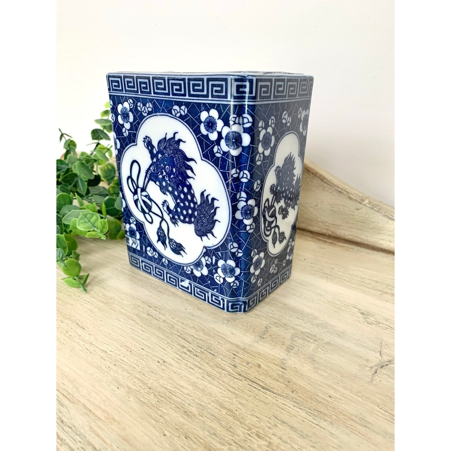 Vintage Chinoiserie Porcelain Flower Frog Blue White Foo Dog Vase Andrea by Sadek