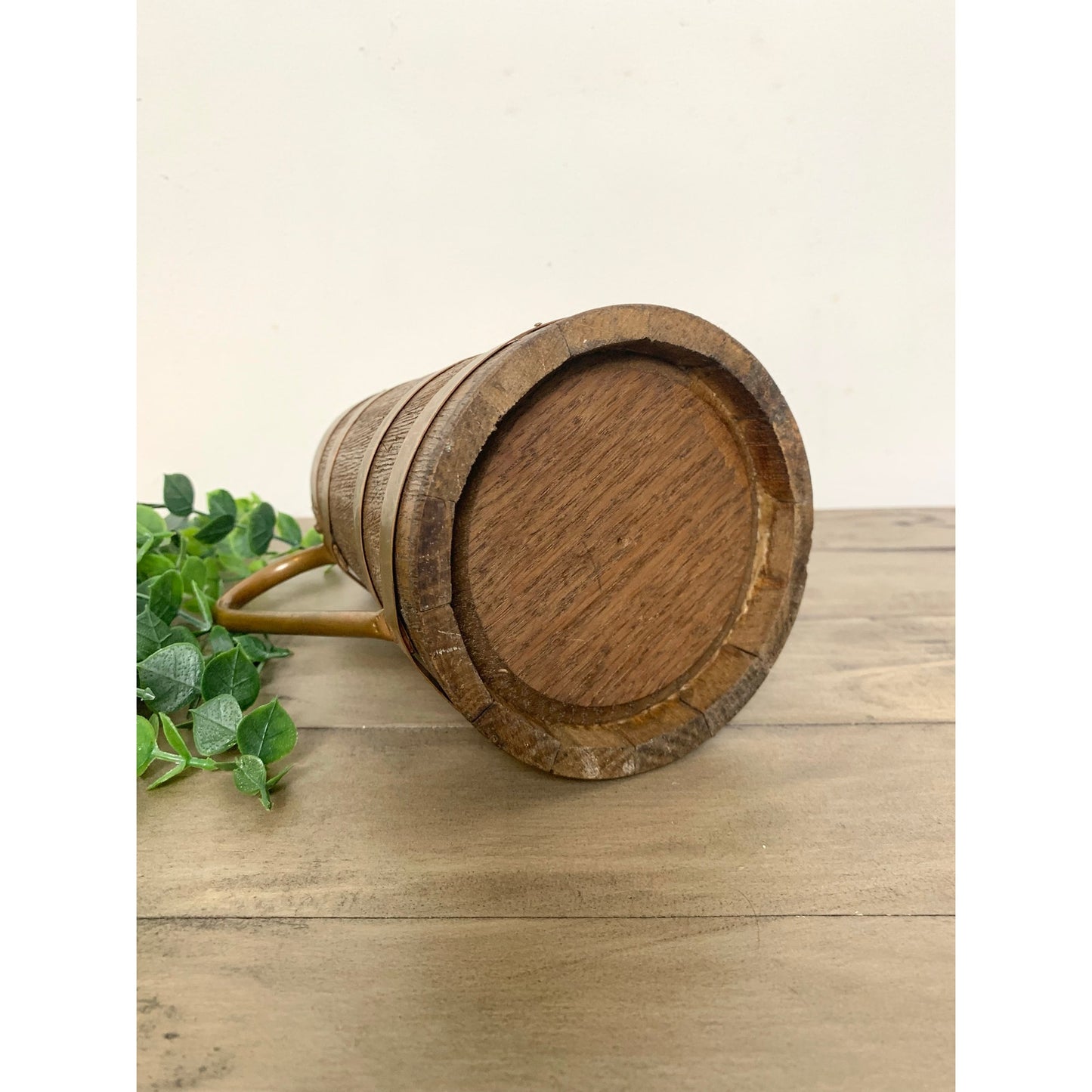 Antique Staved Wood Pitcher Copper Bands Handle Rustic Jug Vase Farmhouse