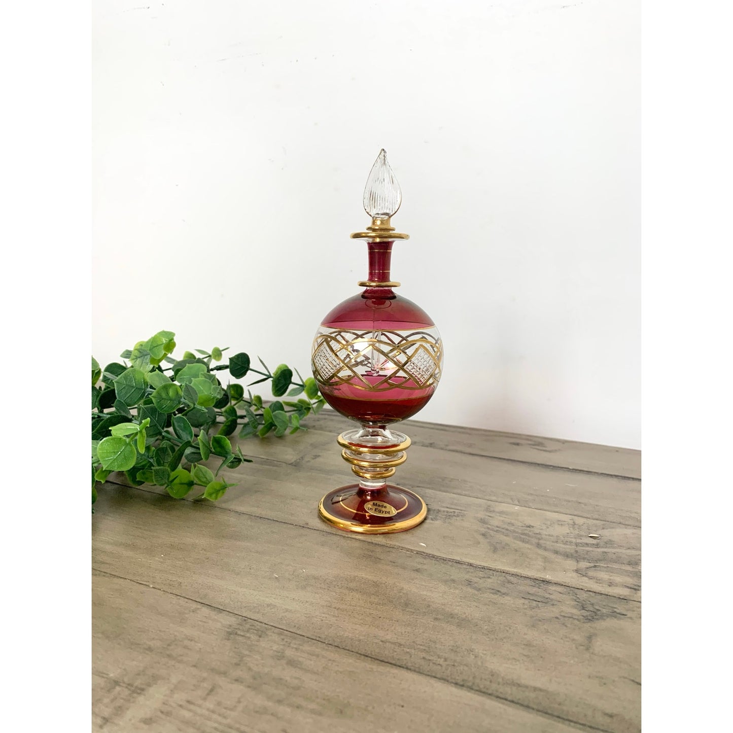 Vintage Egyptian Ruby Red Gold Hand Blown Glass Perfume Bottle Vanity Regency