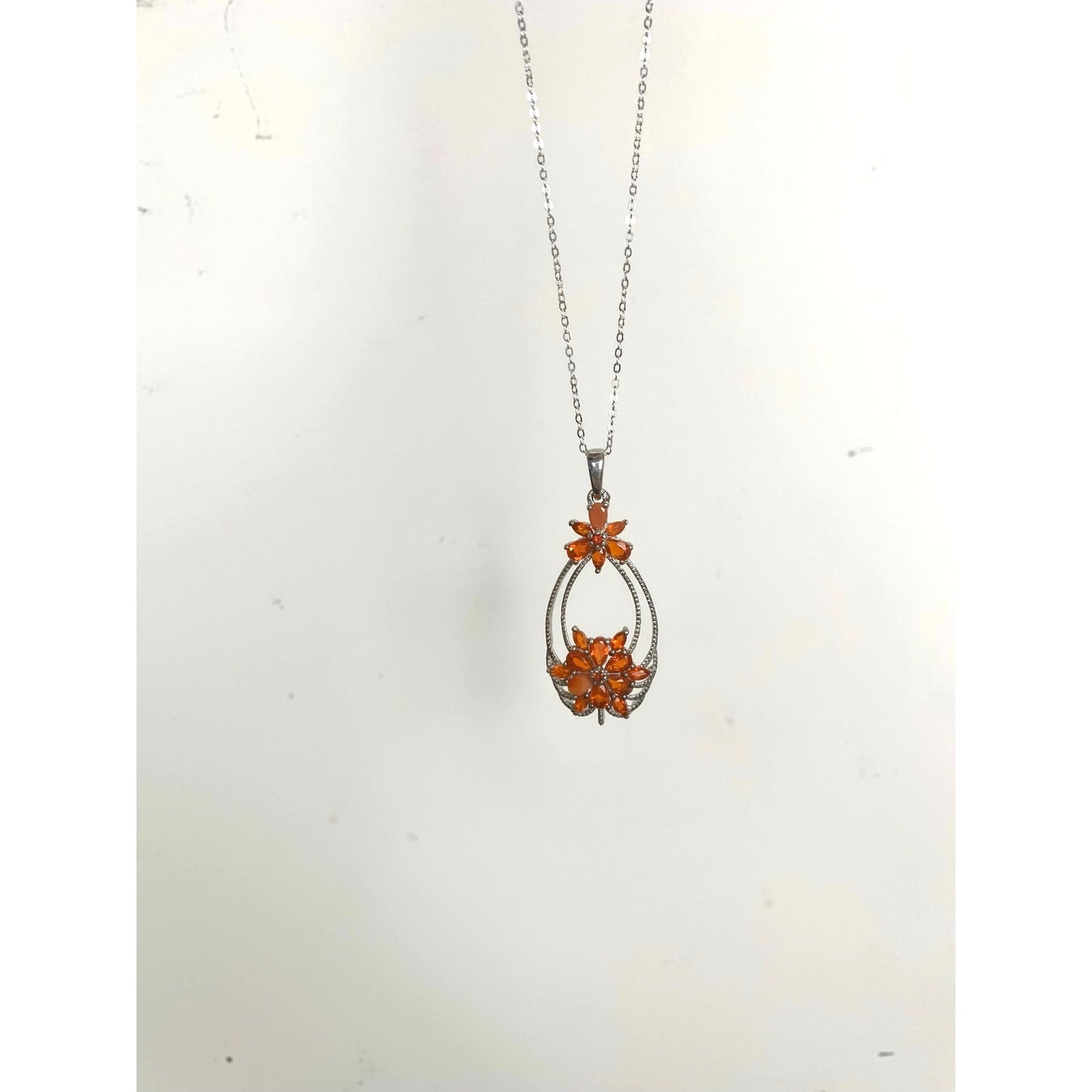 Sterling Silver STS Orange Gemstone Floral Pendant Necklace 925 Vintage Style Statement Necklace