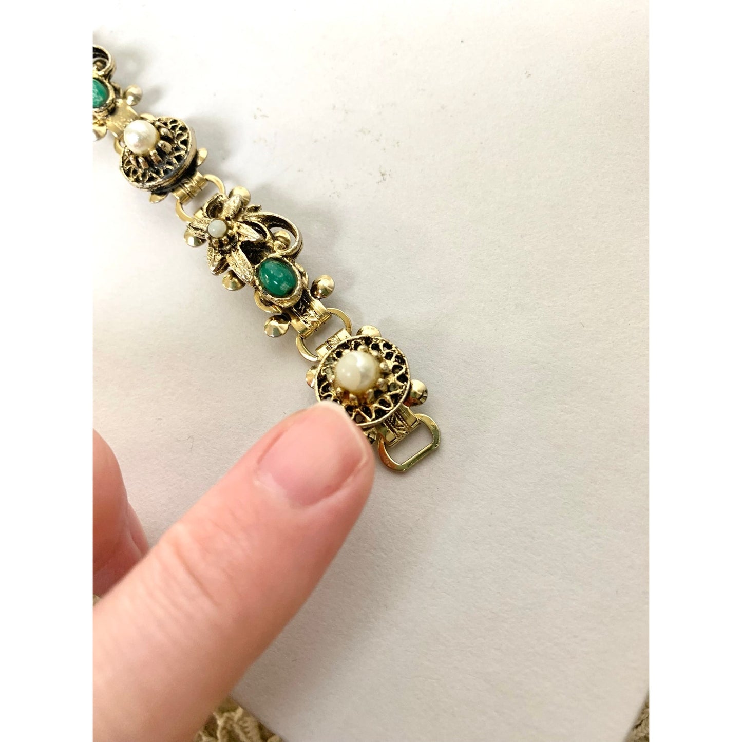 Vintage Victorian Revival Bracelet Goldtone Floral Link Faux Pearl Green Cabochon
