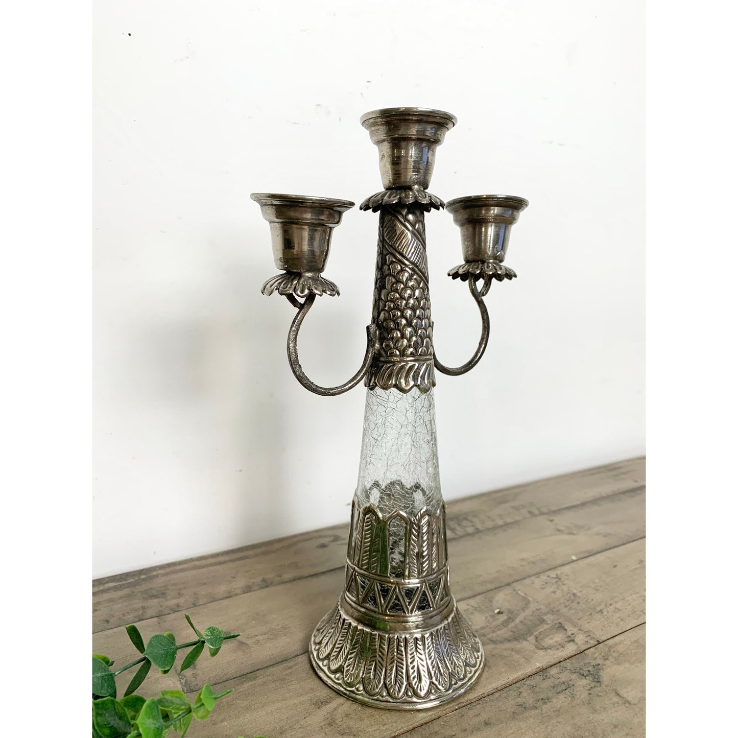 Vintage Ornate Silver Tone Candelabra Crackle Glass Stem Three Arm Candle Holder