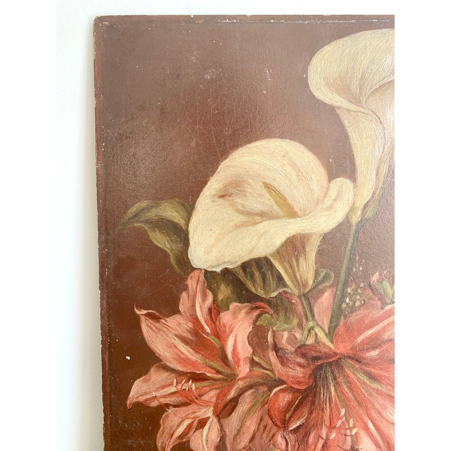 Antique Floral Still Life Oil Painting on Board – Red White Lilies 18” x 11.9” Vintage Art Romantic