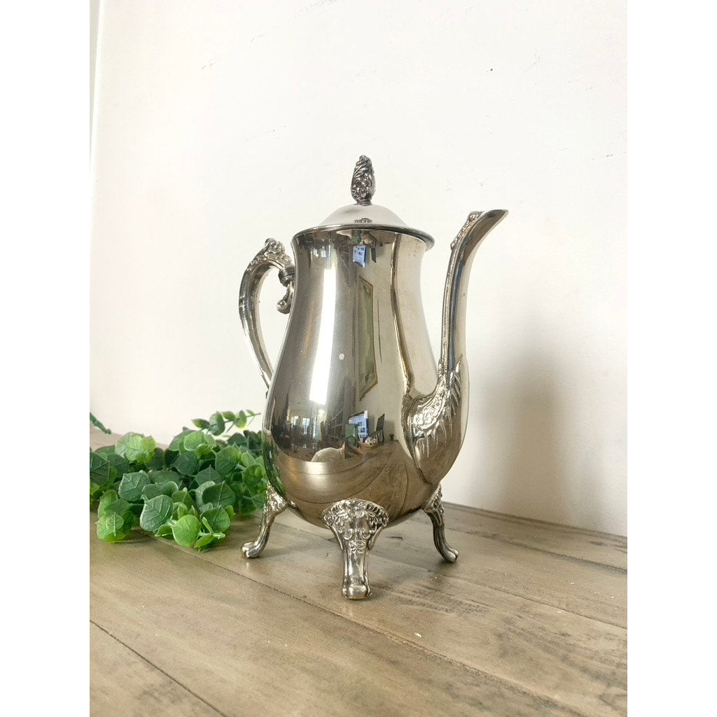 Vintage Silverplate Coffee Pot Tea Pot Ornate Footed Serving Dish Hinged Lid Floral Elegant