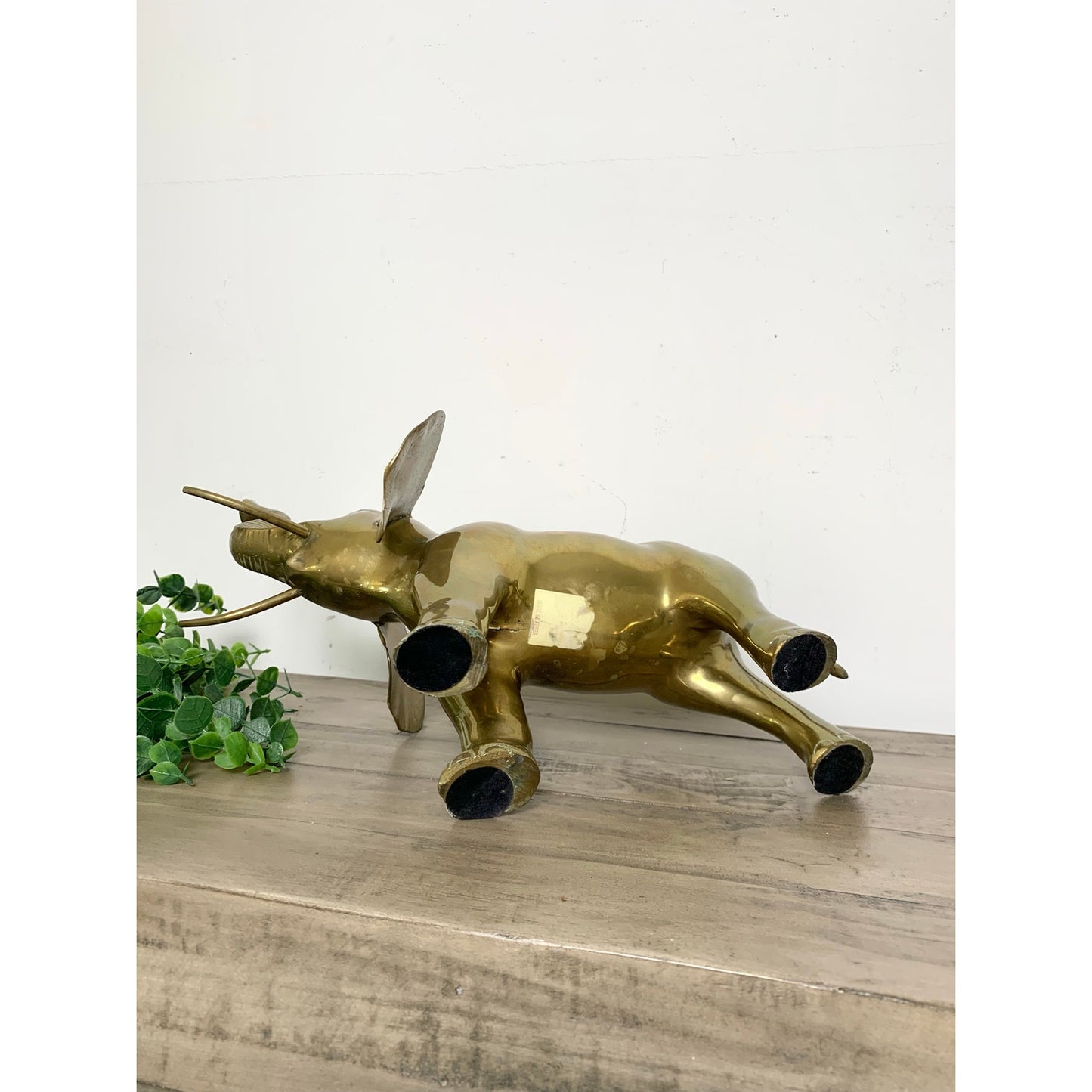 Vintage Solid Brass Elephant Statue with Raised Trunk Mid Century Animal Figure