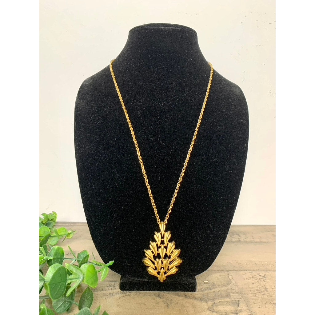 Vintage Trifari Signed Goldtone Leaf Tree Pendant Necklace Retro Fall Statement