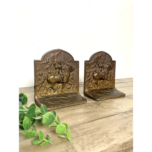 Vintage Joan of Arc Cast Metal Bookends Medieval Warrior on Horseback Old World