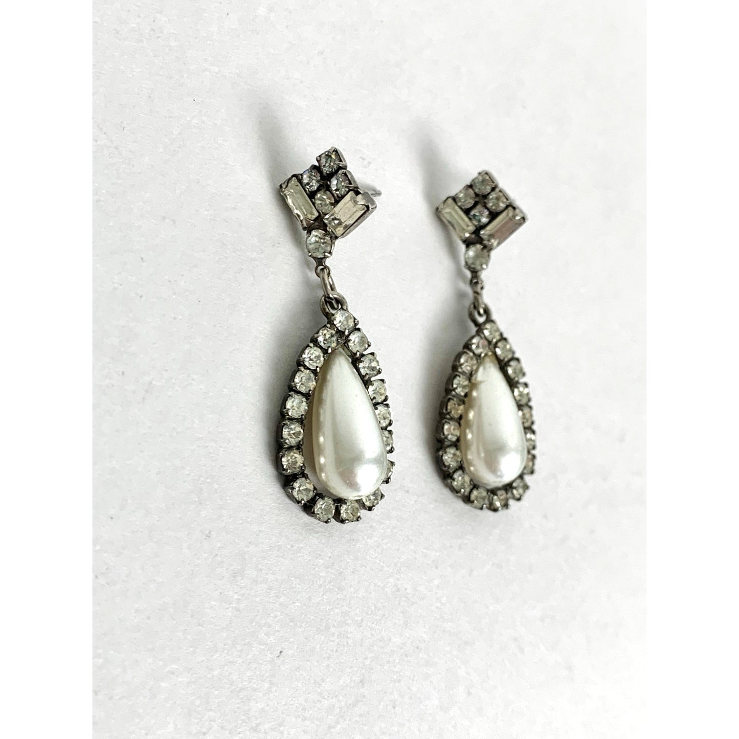 Vintage Art Deco Rhinestone Faux Pearl Drop Earrings Teardrop Bridal Dangle Post Back