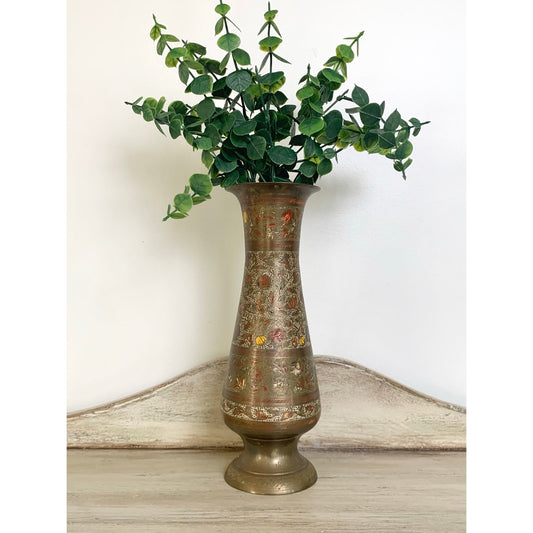 Vintage Etched Brass Vase Floral Fall Boho Hollywood Regency Decor