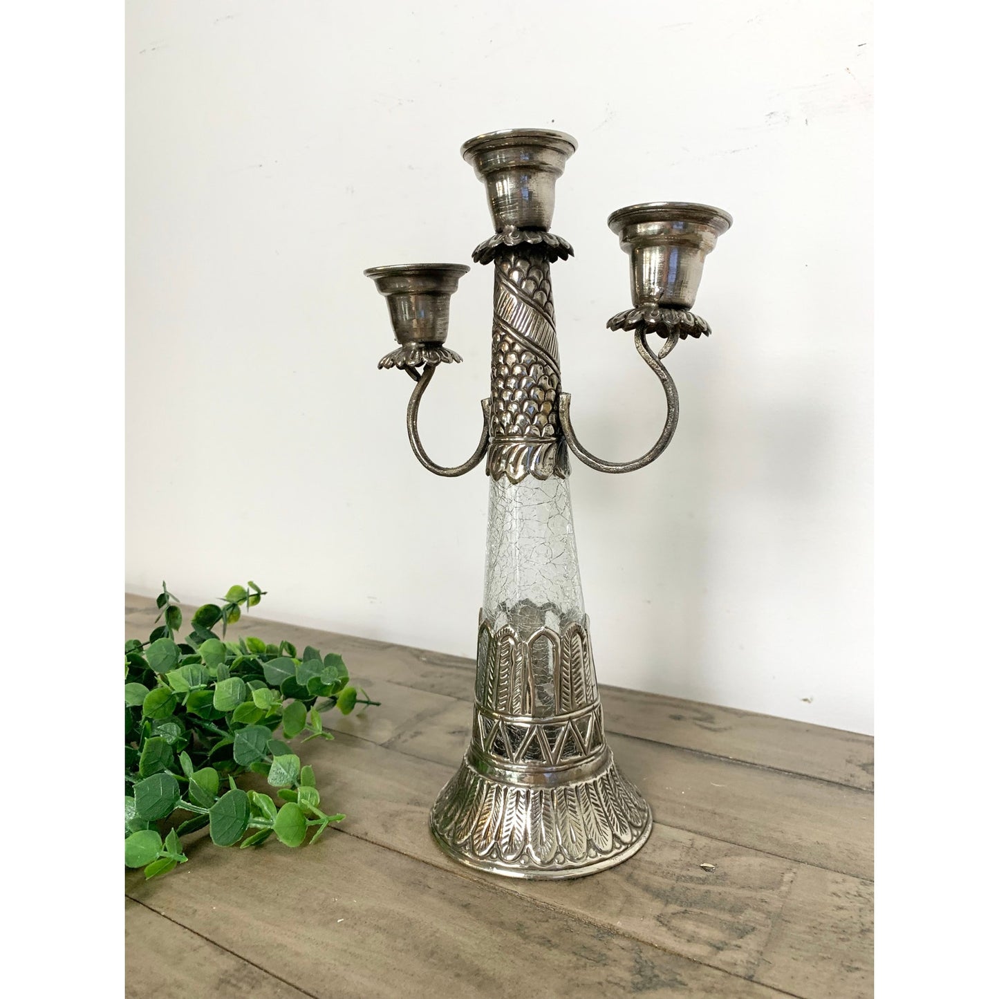 Vintage Ornate Silver Tone Candelabra Crackle Glass Stem Three Arm Candle Holder