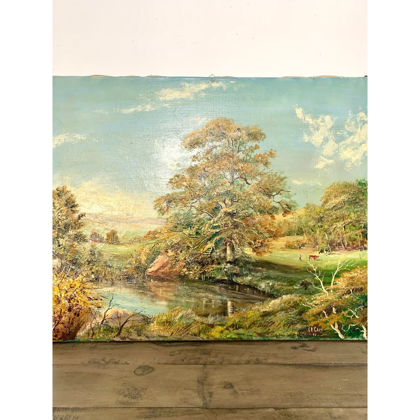 Vintage 1966 Landscape Oil Painting on Canvas – Signed C.A. Gays – Mid Century Original Farm Scene with Tree & Pond
