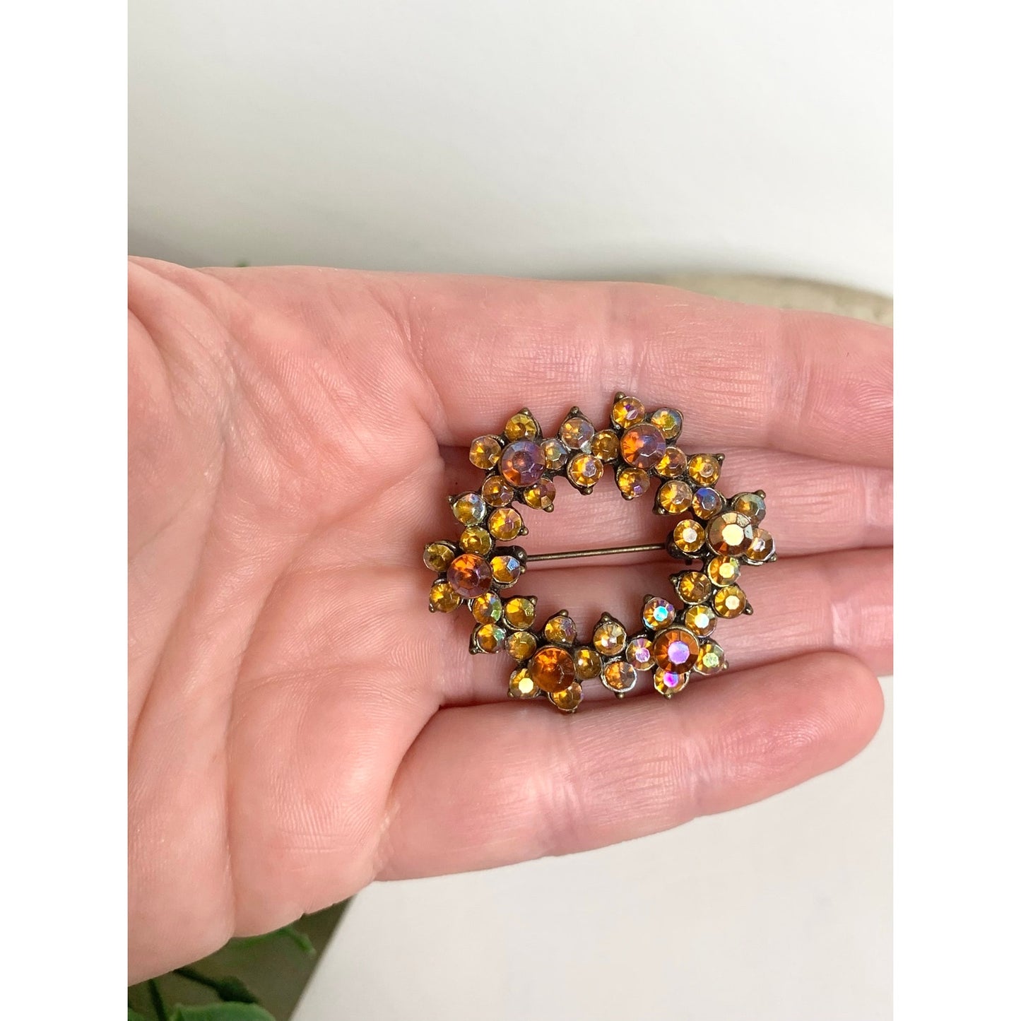 Vintage Aurora Borealis Rhinestone Wreath Brooch Statement Pin Mid Century Glam