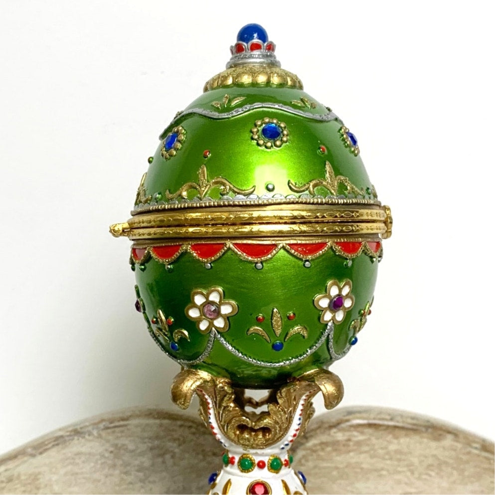 Vintage Faberge Style Green Enamel Egg Trinket Box Jeweled Pedestal Jewelry Box