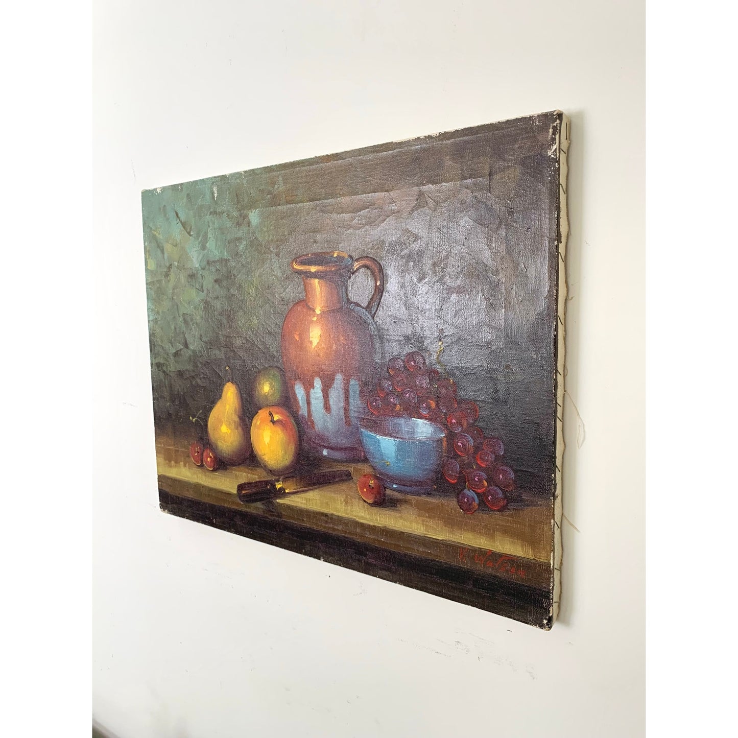 Vintage Still Life Oil Painting on Canvas Signed V Watson Rustic Fruit Art Moody