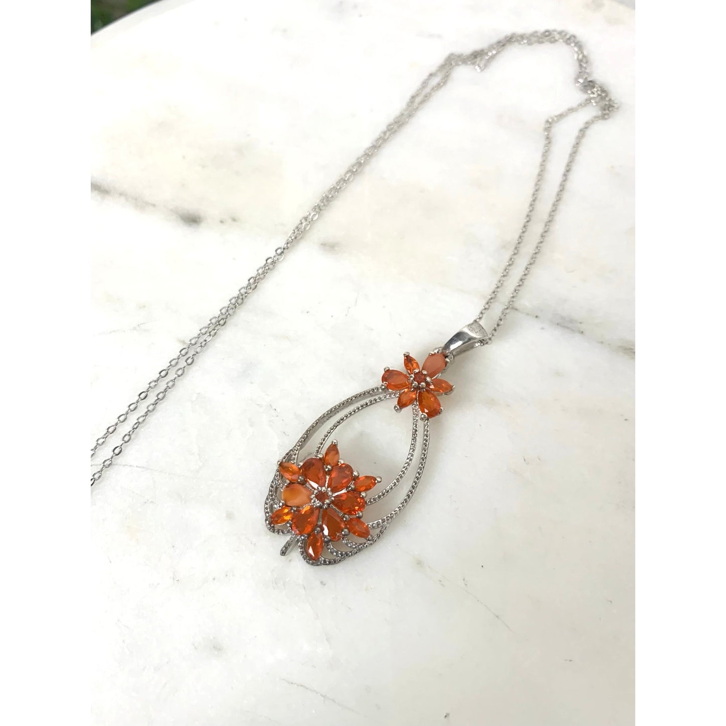 Sterling Silver STS Orange Gemstone Floral Pendant Necklace 925 Vintage Style Statement Necklace