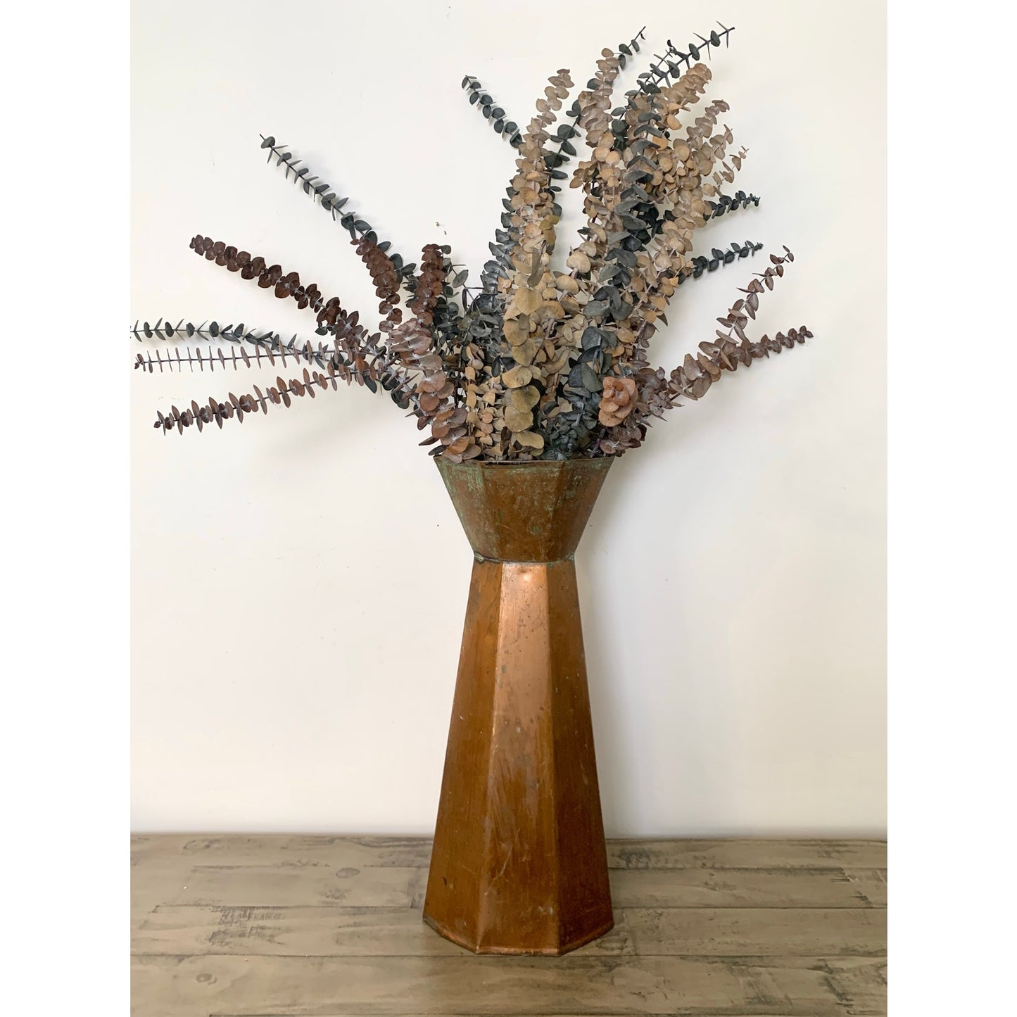 Vintage Copper Vase with Natural Verdigris Patina Large Statement Vessel Rustic