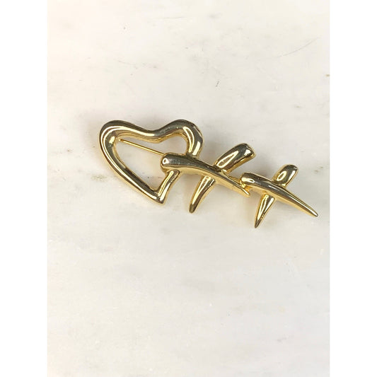Vintage Goldtone Heart XX Brooch Love Kiss Hug Symbol Romantic Pin