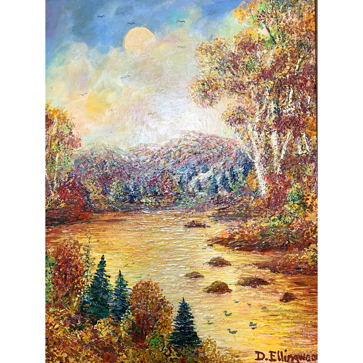Vintage Oil Painting on Canvas by D. Ellingwood, Framed Autumn Landscape, 28x22