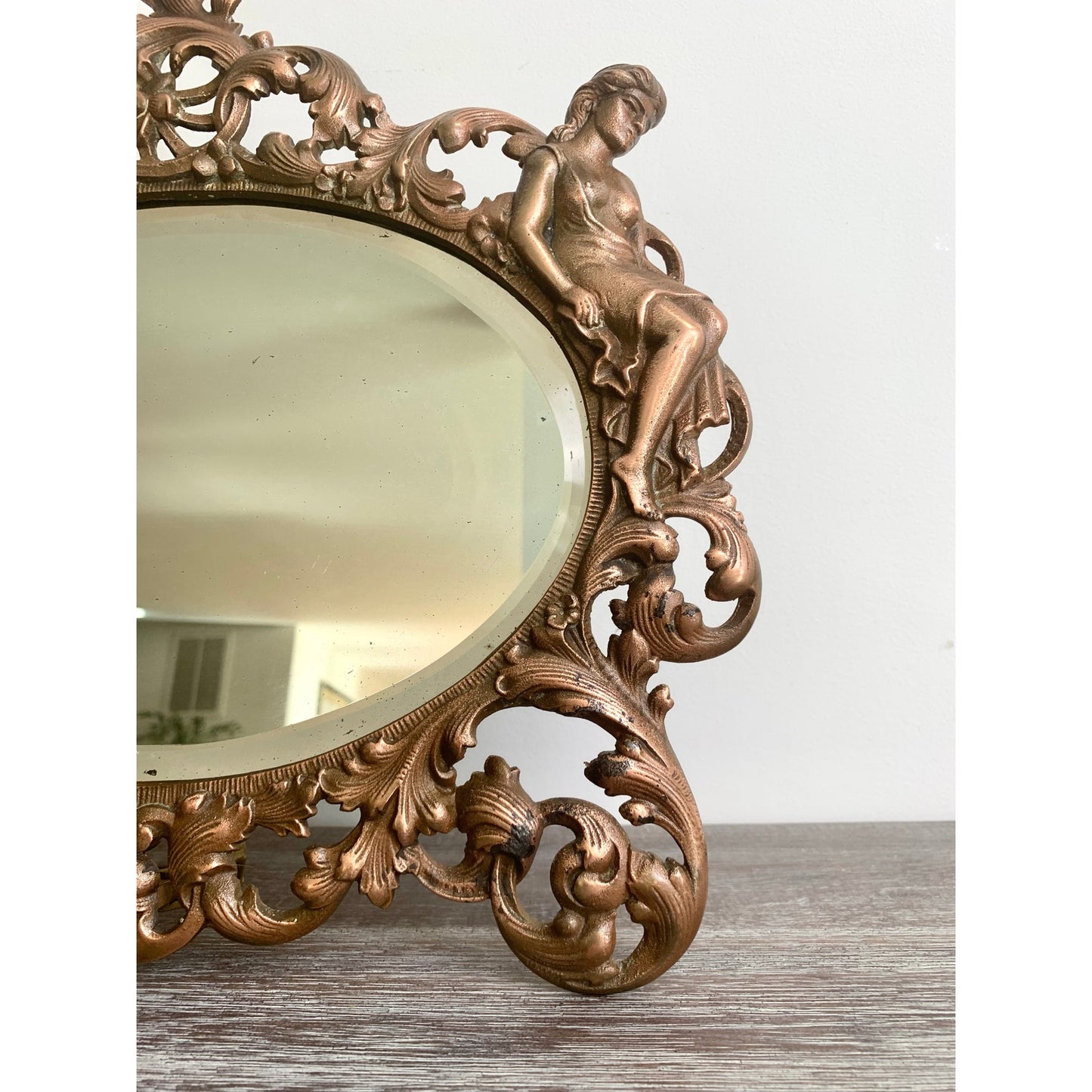 Vintage Art Nouveau Style Cast Iron Vanity Mirror with Kickstand Ornate Figural