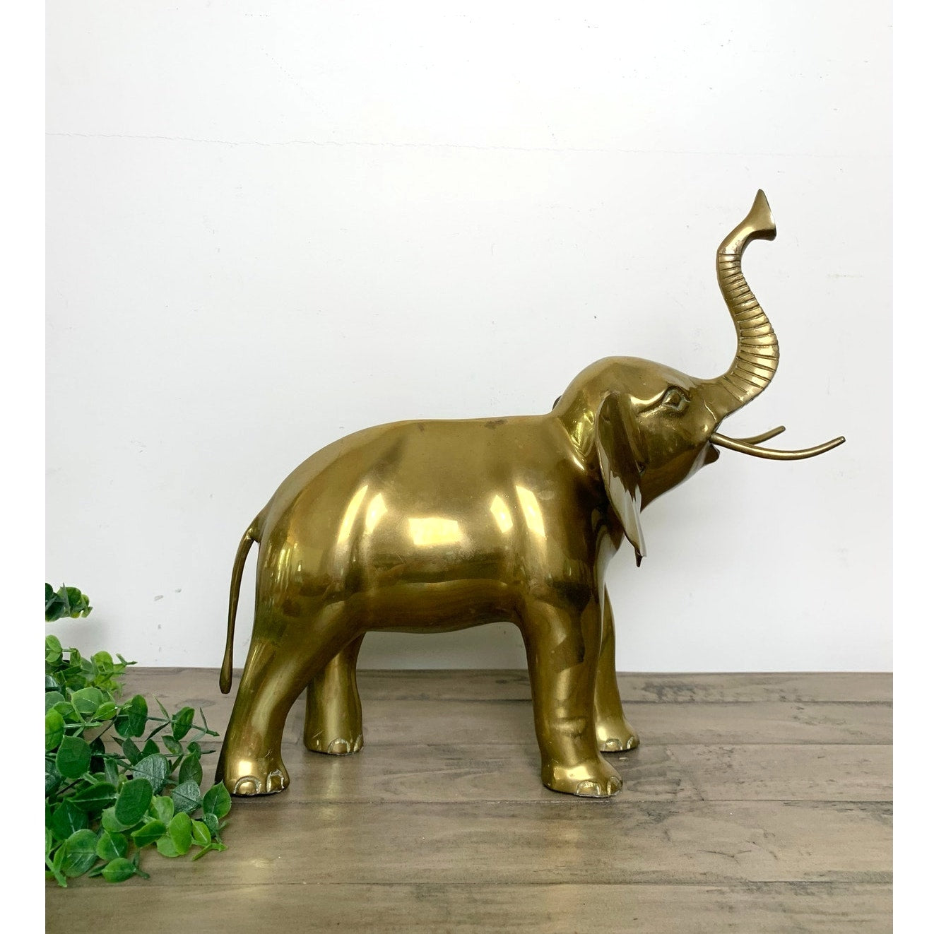 Vintage Solid Brass Elephant Statue with Raised Trunk Mid Century Animal Figure