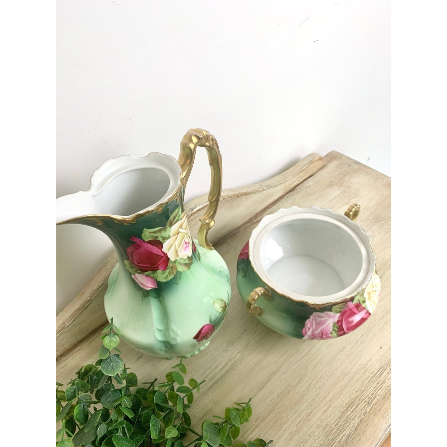 Antique Royal Munich Bavarian Hand Painted Rose Pitcher Ewer Covered Tureen Set