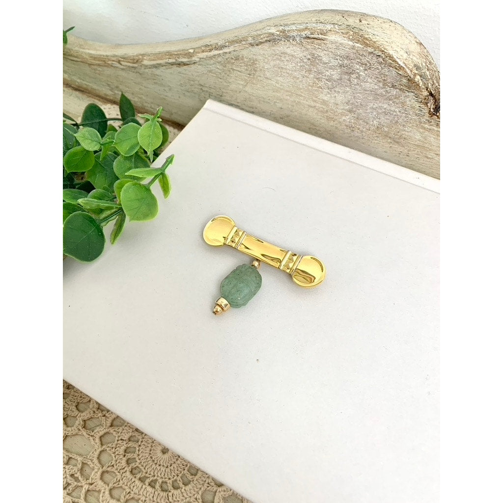 Vintage Gold Tone Bar Brooch with Green Stone Dangle Jade Style Drop Pin