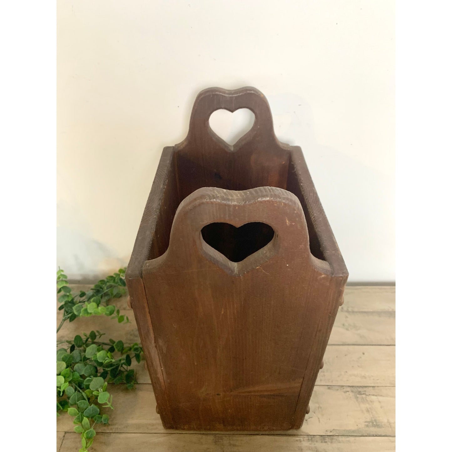 Vintage Wood Heart Cutout Umbrella Stand Magazine Holder Primitive Farmhouse Feminine Rustic