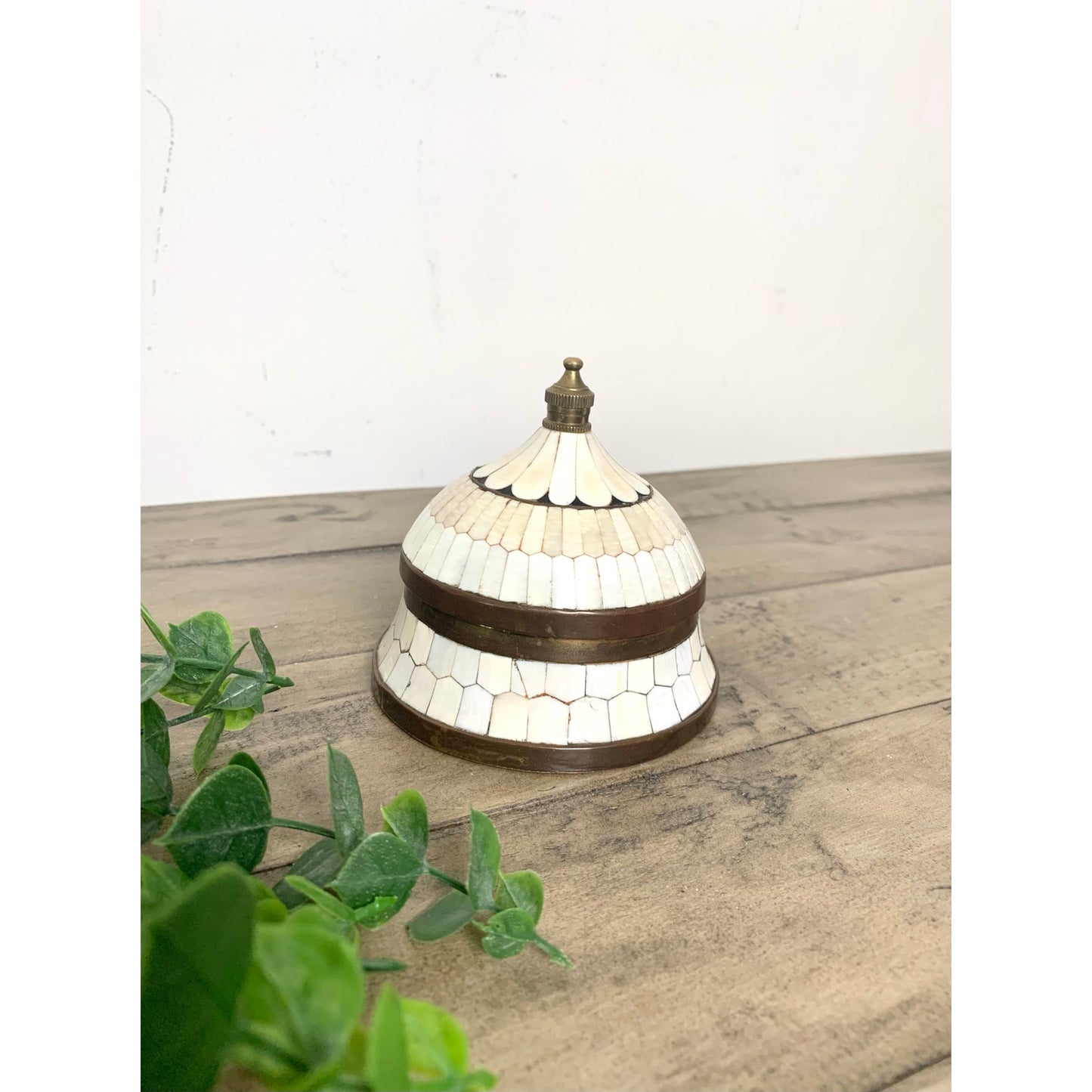 Vintage Inlaid Bone & Brass Domed Lidded Trinket Box Jewelry Storage Old Money