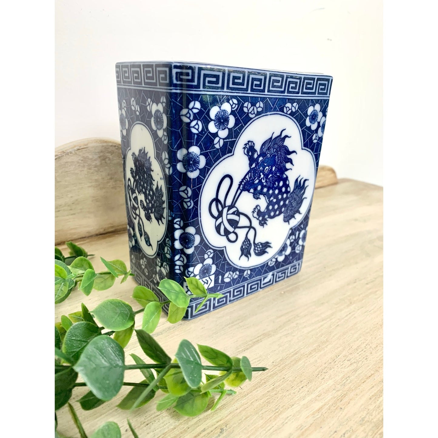 Vintage Chinoiserie Porcelain Flower Frog Blue White Foo Dog Vase Andrea by Sadek
