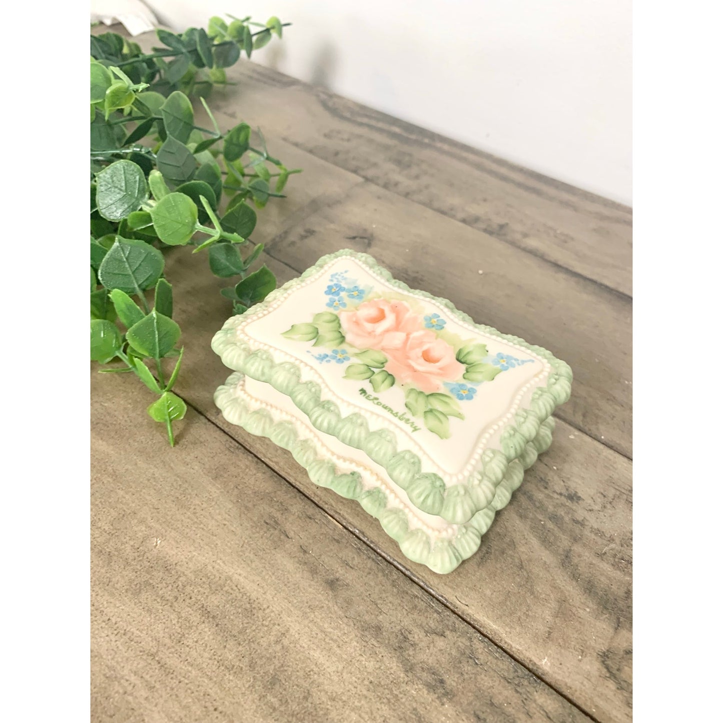Vintage Hand-Painted Porcelain Trinket Box 1983 Shabby Cottage Pastel Floral Jewelry Box