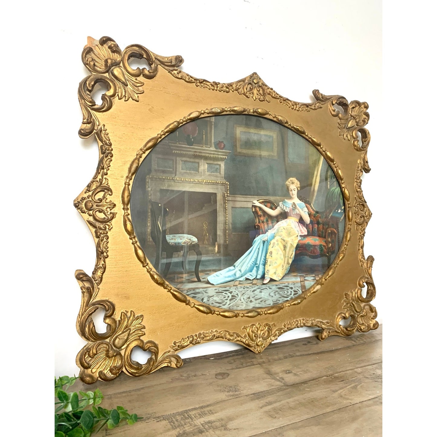 Vintage Gilt Rococo Framed Engagement Portrait Wall Art Romantic Print Ornate Carved Wood
