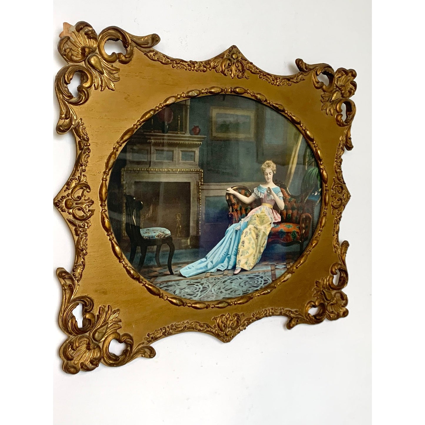 Vintage Gilt Rococo Framed Engagement Portrait Wall Art Romantic Print Ornate Carved Wood