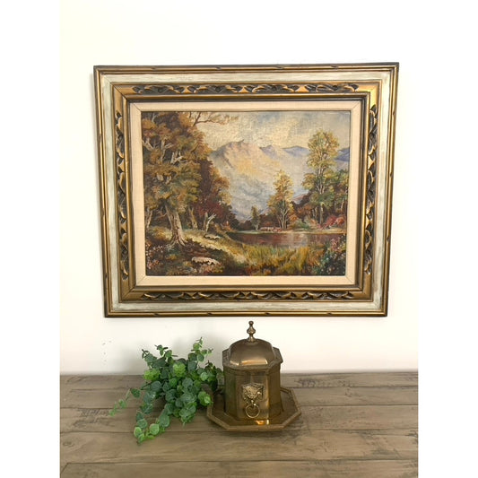 Vintage Landscape Oil Painting Signed Framed Linen Matted Cottagecore Moody