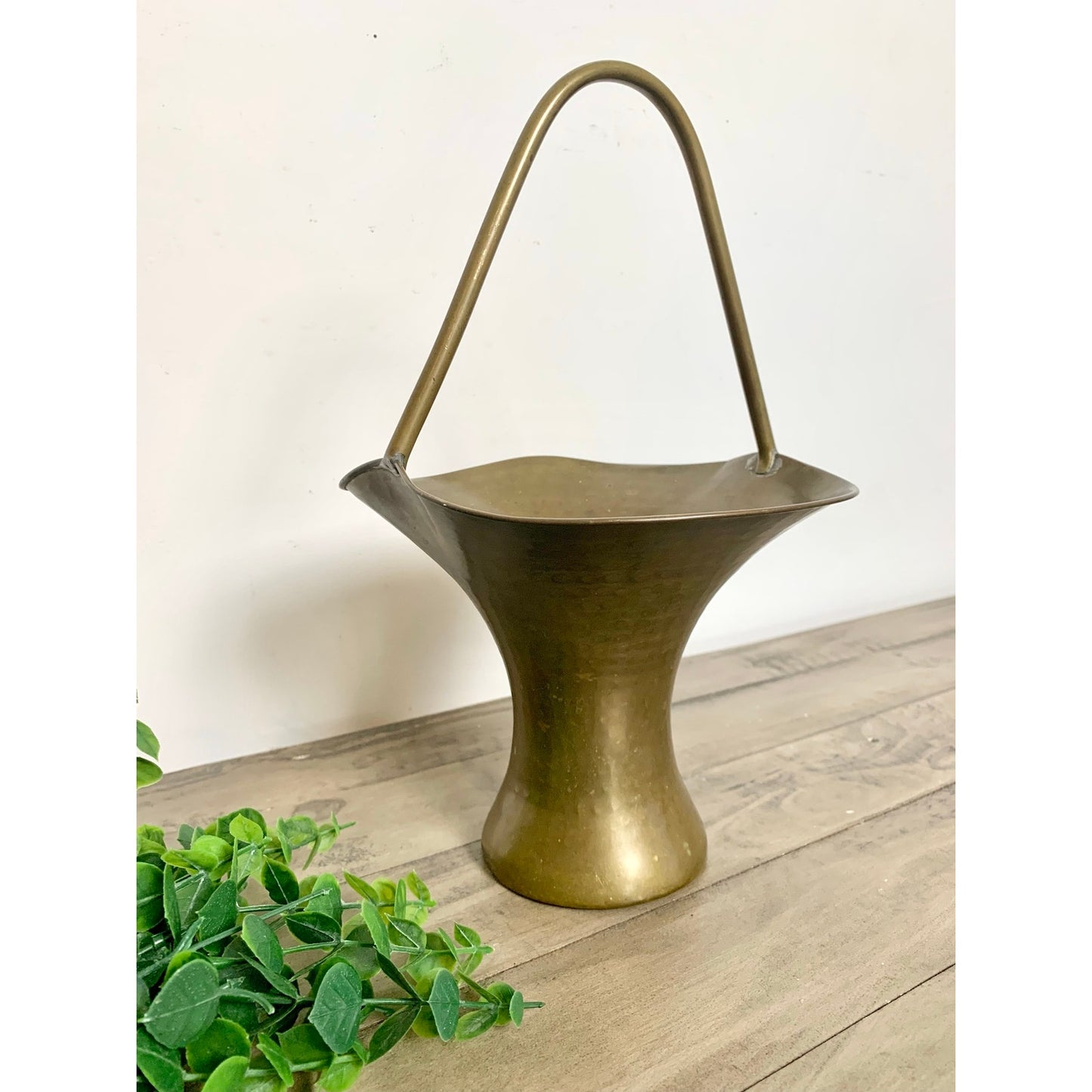 Vintage Hammered Brass Basket Vase Planter Mid Century Patina Brass Vessel