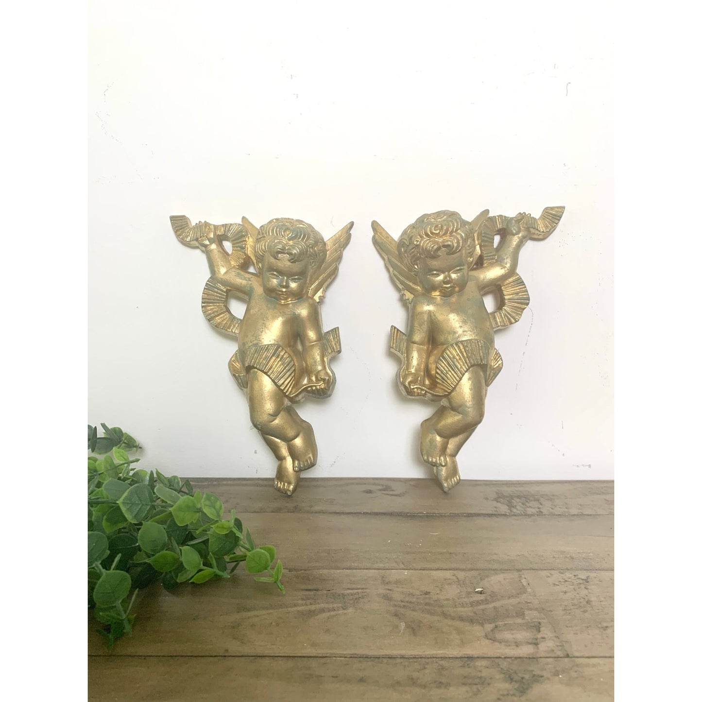 Vintage 1970 Burwood Co Cherub Angel Wall Plaques – Gold & Verdi Accents