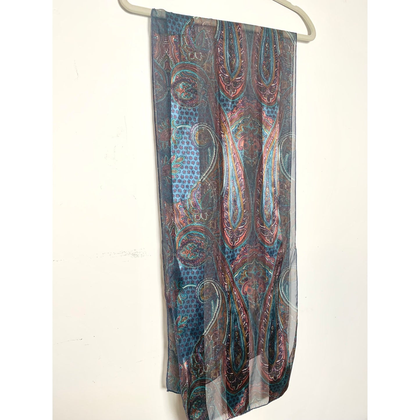 Vintage Sheer Paisley Scarf in Blue Teal and Burgundy Pink Boho Retro Pattern Fall Quiet Luxury