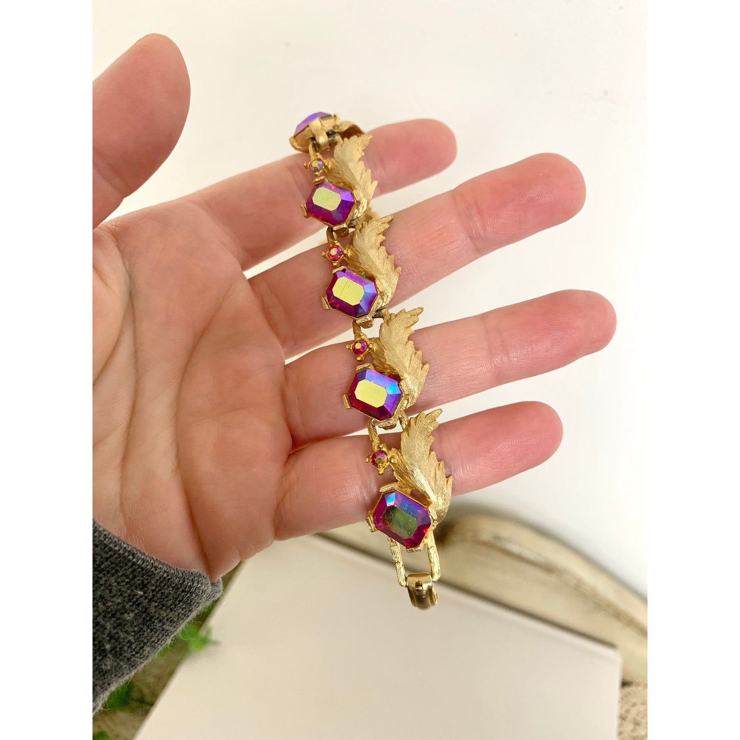 Vintage Pink Aurora Borealis Rhinestone Bracelet Gold Leaf Statement Jewelry Glam