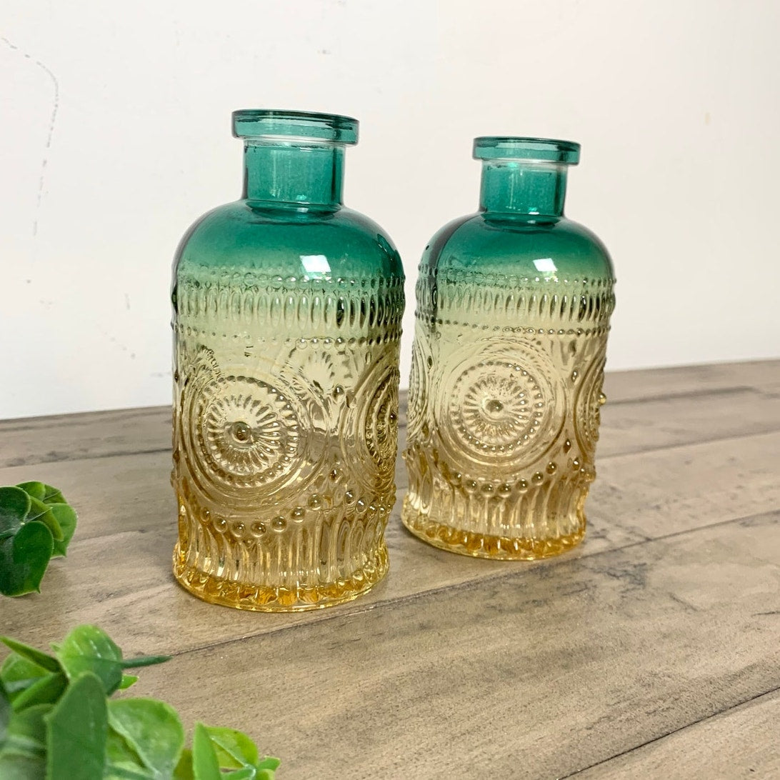 Vintage Style Ombre Green Amber Glass Bud Vase Set Pair Textured Boho Coastal