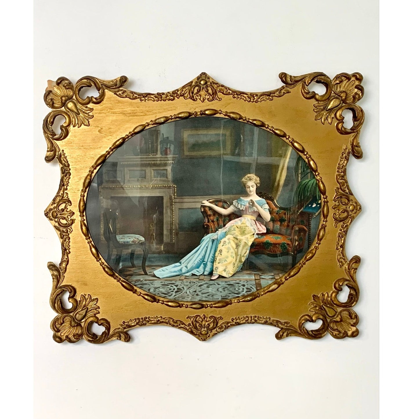 Vintage Gilt Rococo Framed Engagement Portrait Wall Art Romantic Print Ornate Carved Wood