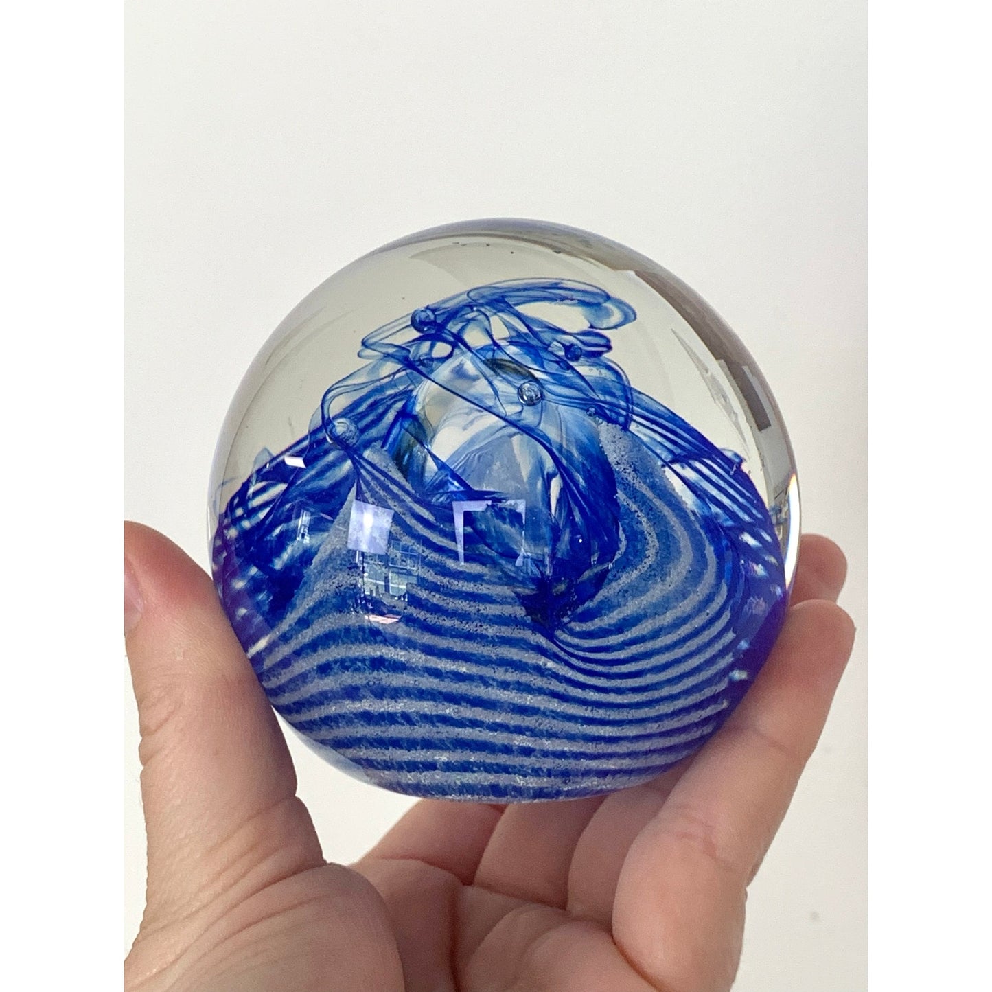 Vintage Caithness Blue Swirl Glass Paperweight Signed Scottish Art Glass Mid Century Style