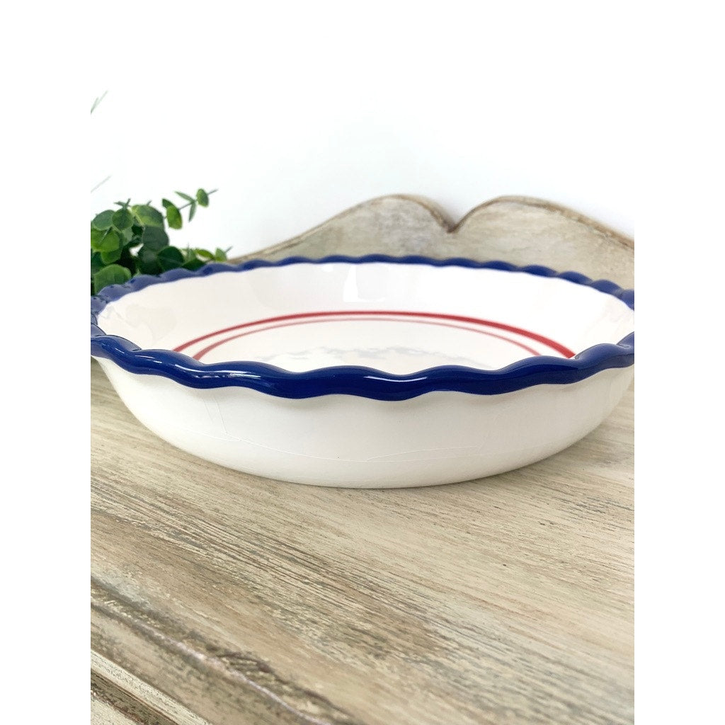 Sonoma Nantucket Pie Dish Red White Blue Ceramic Baking Dish Americana Decor