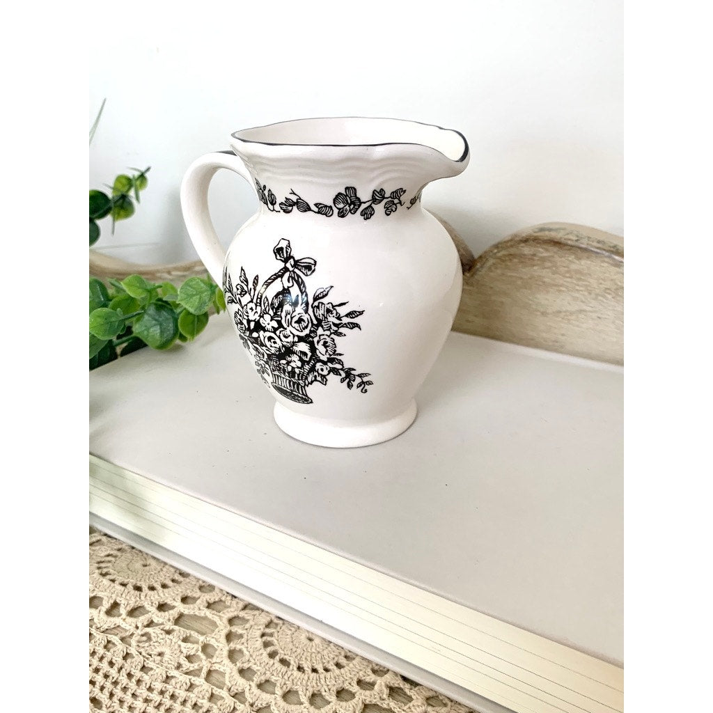 Vintage Black Transferware Creamer Vase New England Toile Farmhouse Cottage Whimsigoth