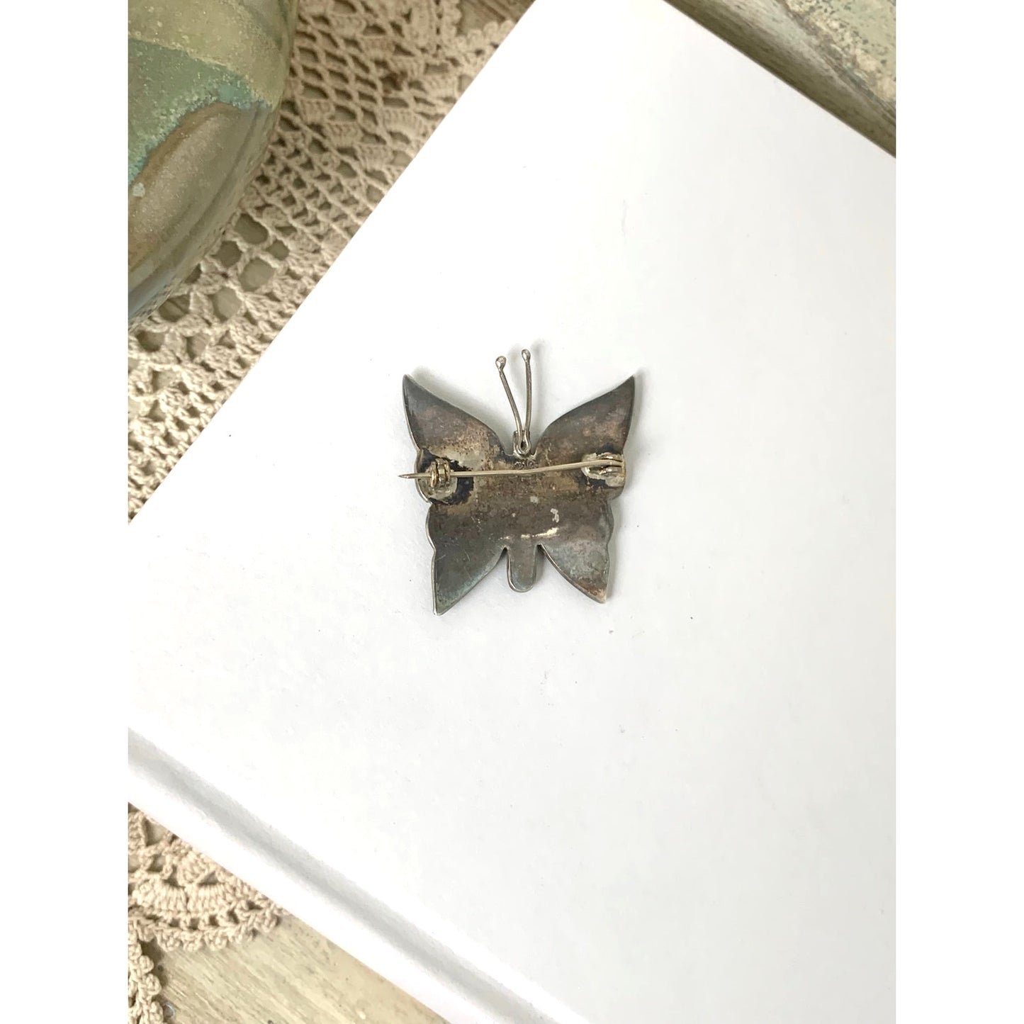 Vintage Mexico Sterling Silver Abalone Butterfly Brooch Iridescent Shell Pin
