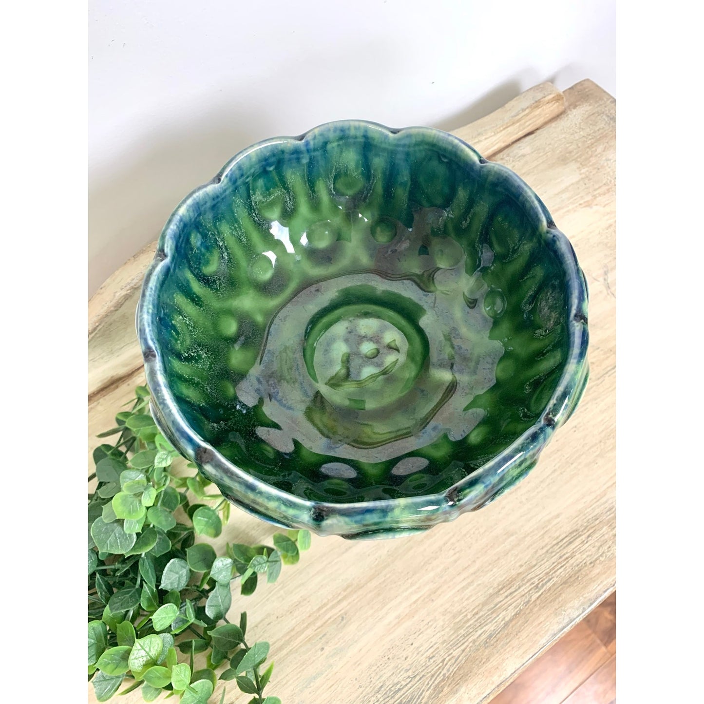 Vintage McCoy Pottery Compote Pedestal Bowl Green Teal Moon and Stars Mid Century