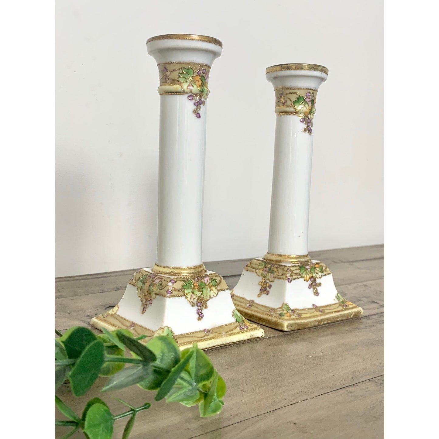 Antique Nippon Hand-Painted Candlestick Holders Pair Grape & Gold Moriage 7” H