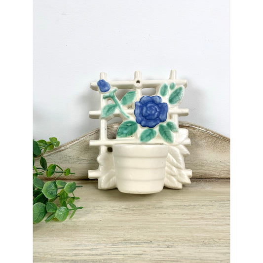 Vintage Ceramic Wall Pocket Planter Rose Hanging Vase Cottagecore Shabby Chic Pottery